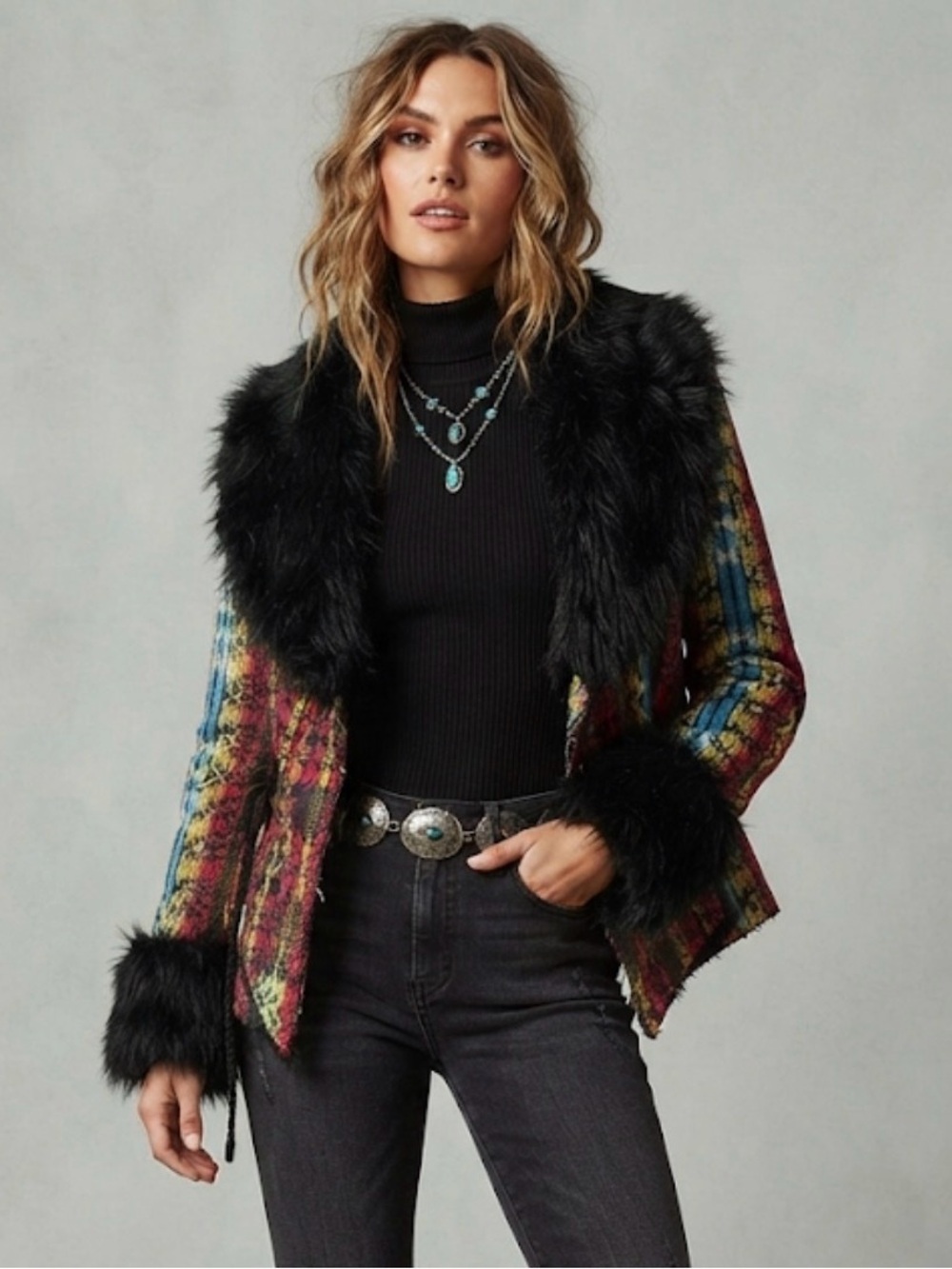 UNIF Black Faux Fur Trim Aztec Woven Jacquard Wrap Jacket Size Small⁠